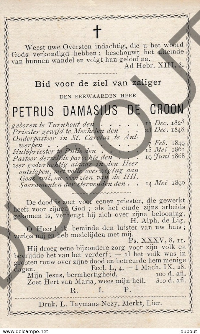 Doodsprentje Pater/Frère Petrus Damasius De Croon °1823 Turnhout †1890 Pulle / Mechelen / Antwerpen / Pulle (F116) - Avvisi Di Necrologio