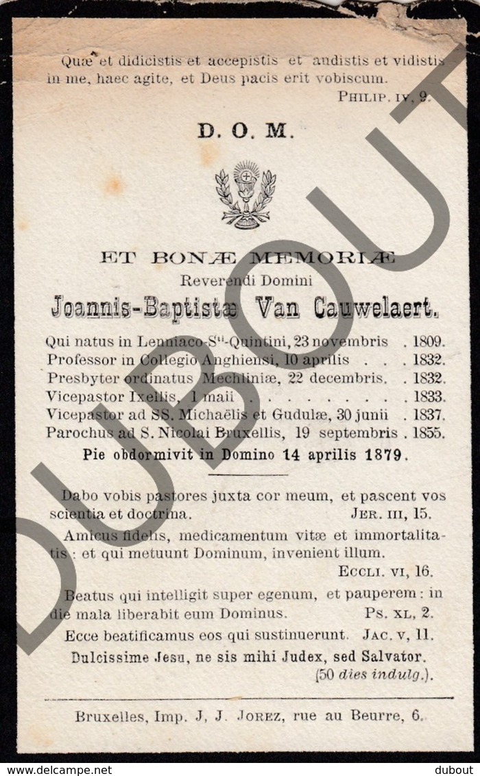 Doodsprentje Pater/Frère Joannis-Baptiste Van Cauwelaert °1809 Lenniaco StQuintini †1879 Bruxelles/Ixelles/Malines(F123) - Todesanzeige