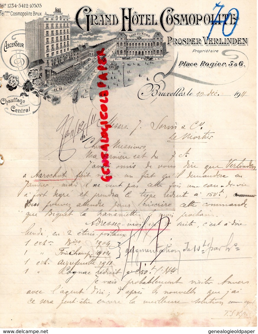 BELGIQUE- BRUXELLES- LETTRE GRAND HOTEL COSMOPOLITE-PROSPER VERLINDEN PROPRIETAIRE-GARE DU NORD-5 PLACE ROGIER-1911 - Ambachten