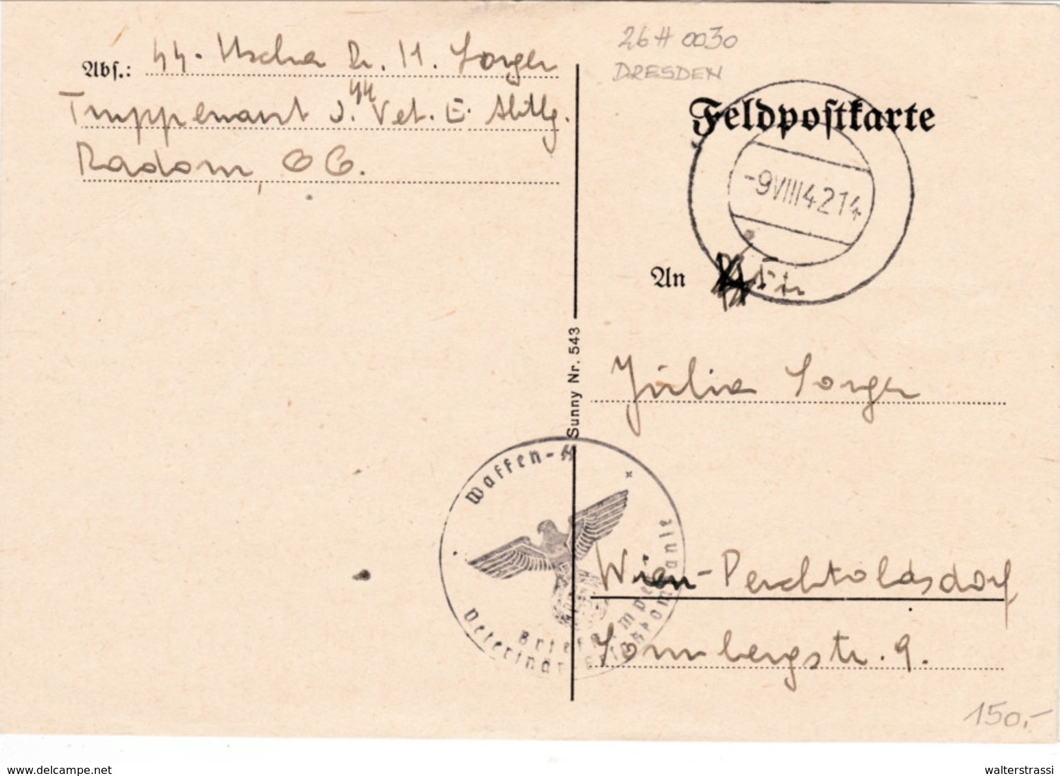 III. Reich, SS Feldpost Brief, Stempel : Waffen SS Veterinär Ersatzkompanie, Radom Nach Perchtoldsdorf B. Wien - Briefe U. Dokumente