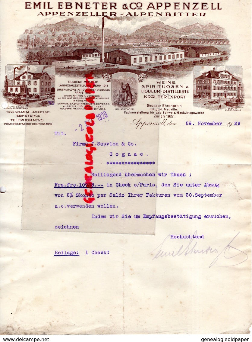 SUISSE- APPENZELL- RARE LETTRE EMIL EBNETER & CO- ALPENZELLER-ALPENBITTER-DISTILLERIE SCHUTZMARKE-1929 - Suisse