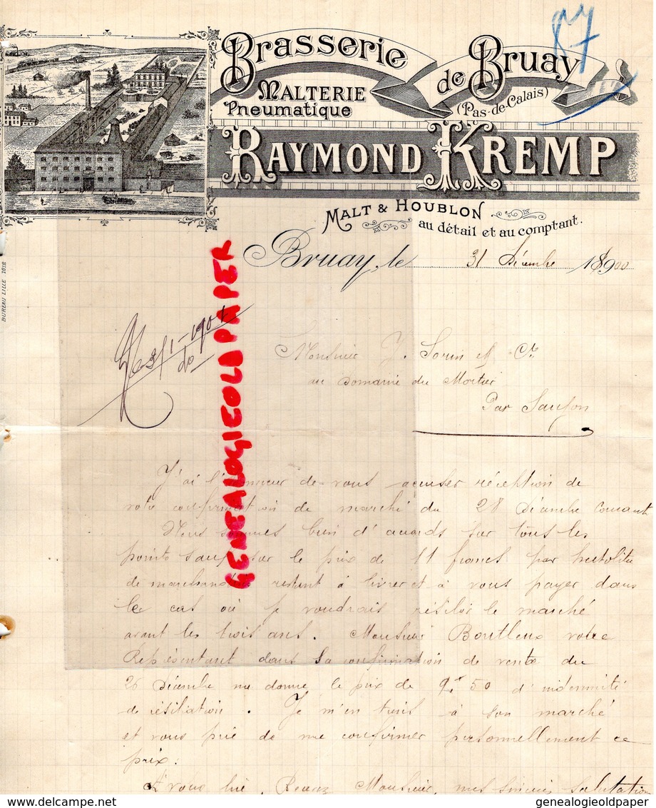 62- BRUAY- RARE LETTRE MANUSCRITE SIGNEE RAYMOND KREMP-BRASSERIE DE BRAUAY-MALT HOUBLON-1900 - Straßenhandel Und Kleingewerbe