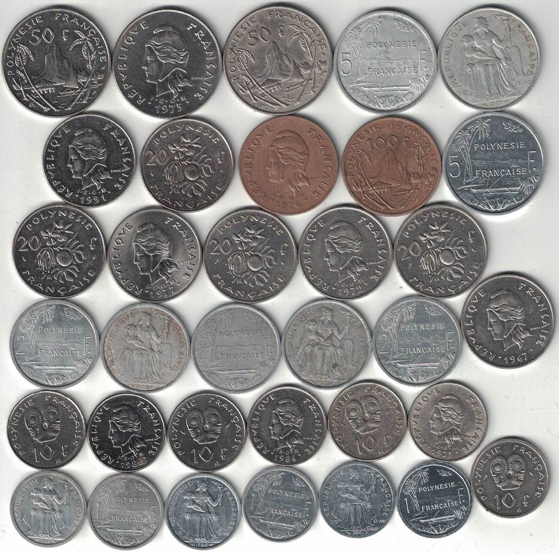 French Polynesia Collection Of 34 Coins 1965-2009 All Listed & Different - French Polynesia