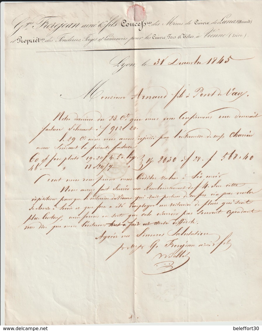 AA163, Rhône, Lyon, Fréjean & Fils, Mines De Cuivre De Lunas Hérault: Fonderies Et Forges à Vienne Isère 1845 - 1800 – 1899