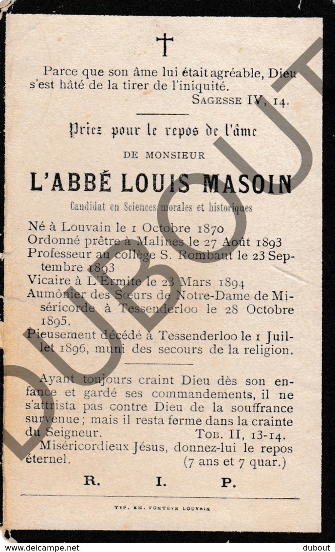 Doodsprentje Pater/Frère L'Abbé Louis Masoin °1870 Louvain †1896 Tessenderlo(F138) - Avvisi Di Necrologio