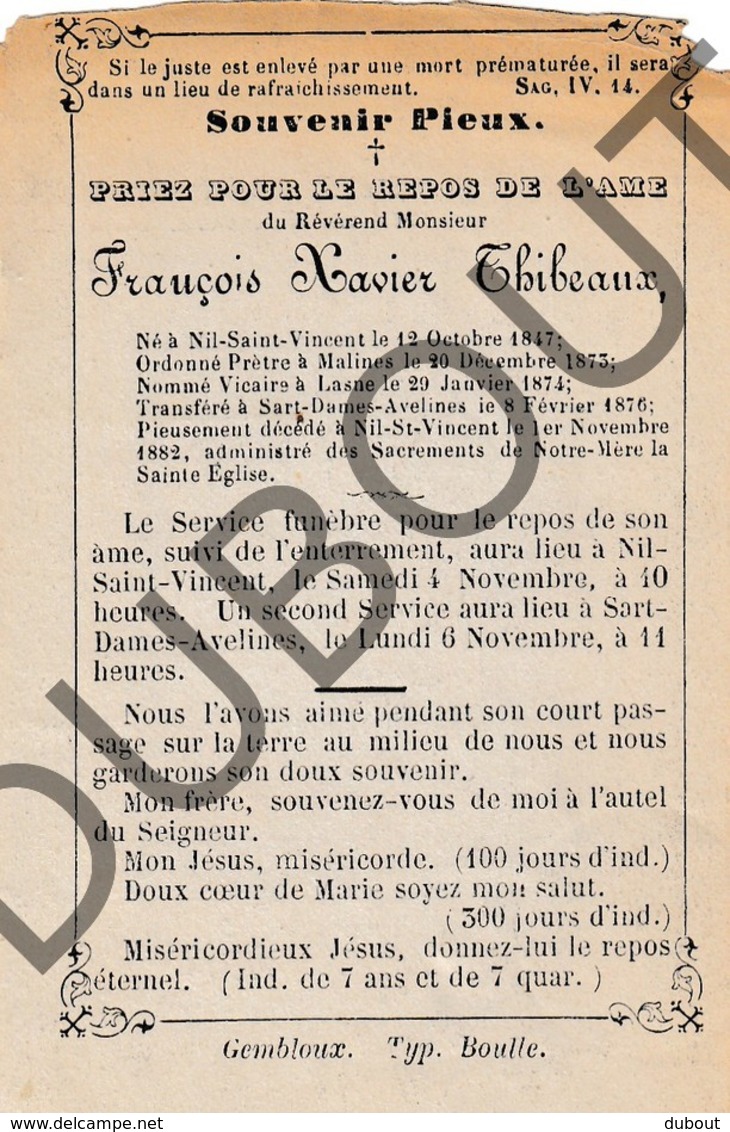 Doodsprentje Pater/Frère François Xavier Thibeaux °1847 Nil-Saint-Vincent †1882 /Malines/Lasne/Sart-Dames-Avelines(F145) - Avvisi Di Necrologio