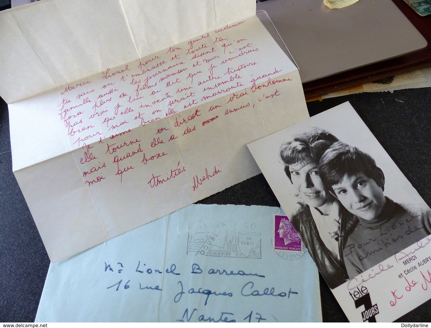 Lettre Et Carte Autographiées Acteurs MEDHI  Et Cecile Aubry Belle Et Sébastien - Artistas