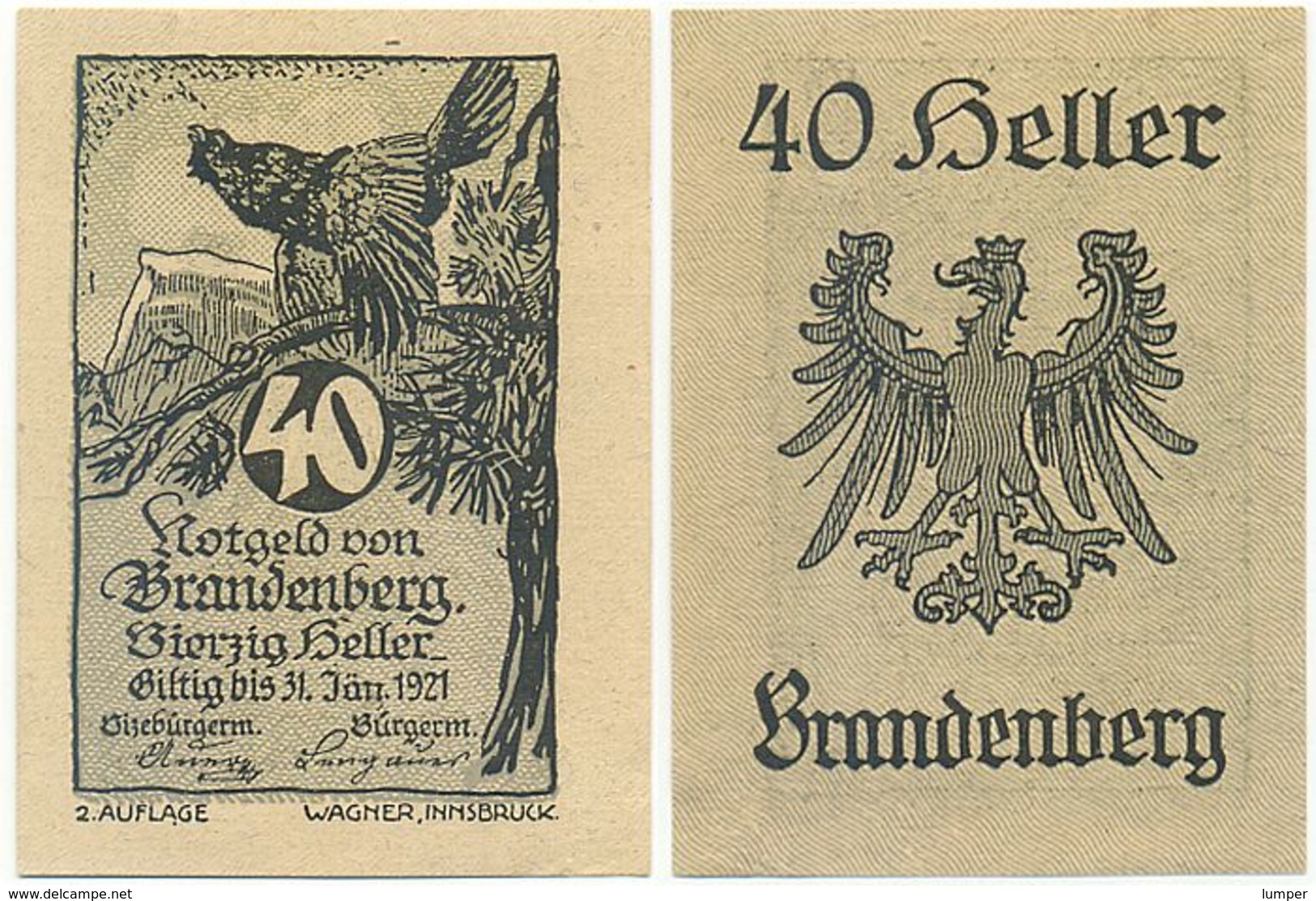 Brandenberg Bei Aschau, 1 Schein Notgeld 1921, Auerhahn, Österreich 40 Heller - Austria