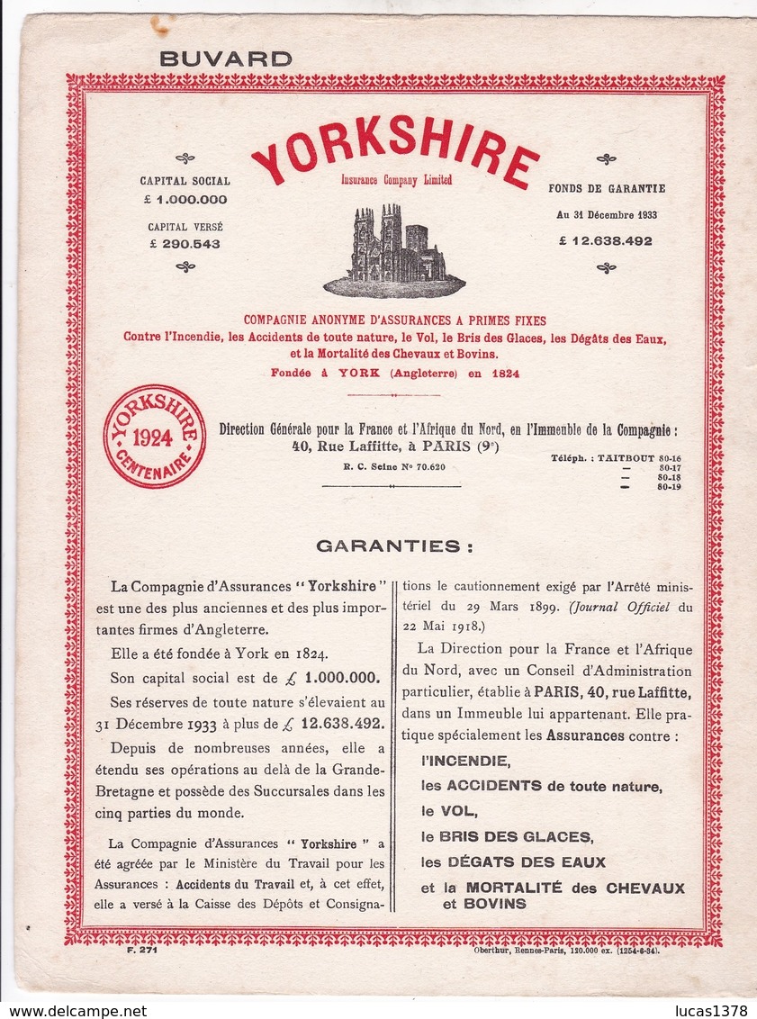 Buvard Yorkshire Compagnie D'assurances 1924 Dimenssion 20,7 Cm X 27 Cm - A