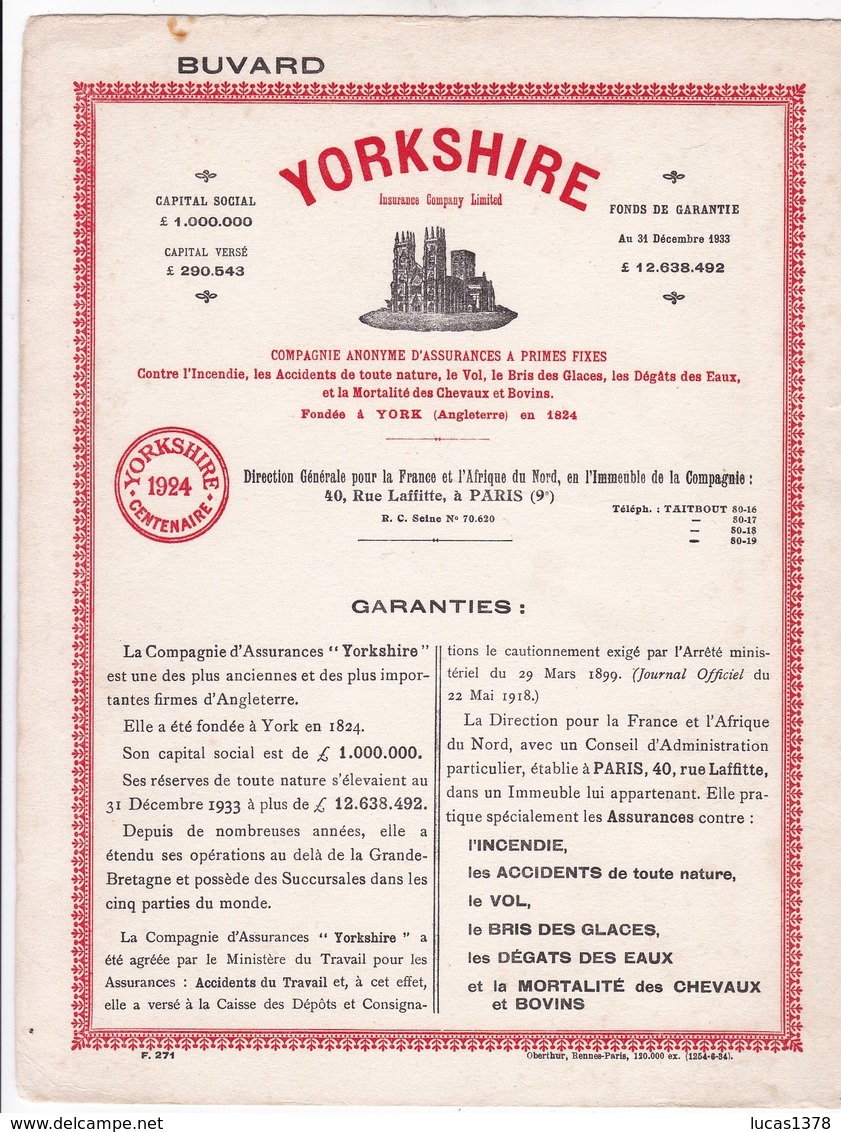 Buvard Yorkshire Compagnie D'assurances 1924 Dimenssion 20,7 Cm X 27 Cm - Bank En Verzekering