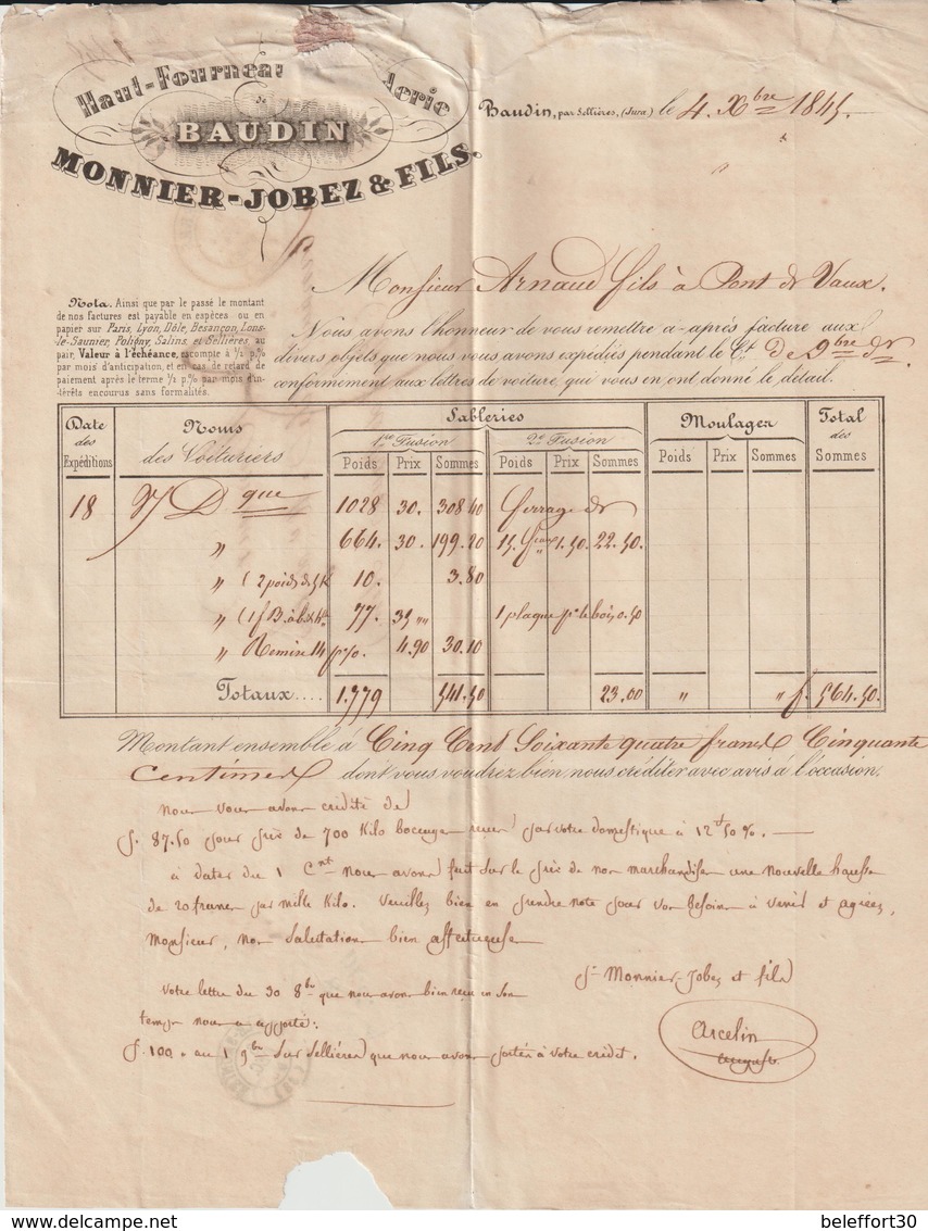 AA173, Jura, LAC Monnier,-Jobez & Fils, Haut-fourneau Et Fonderie De Baudin Près Sellières 1845 - 1800 – 1899