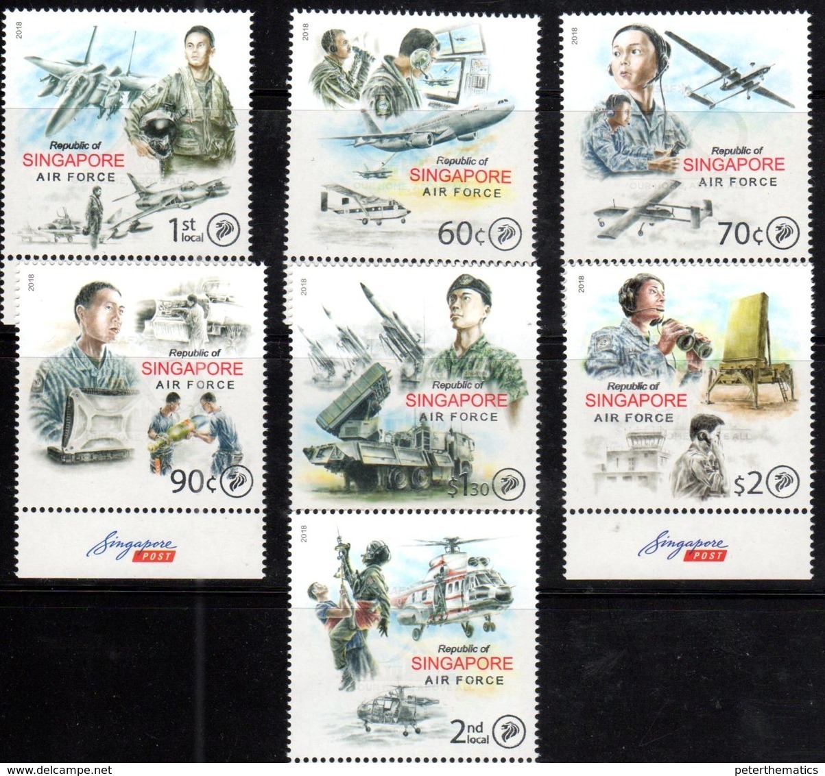 SINGAPORE, 2018, MNH, SINGAPORE AIR FORCE, PLANES, FIGHTERS, HELICOPTERS, MISSILES, DRONES, PILOTS, RECUE SERVICES, 7v - Avions