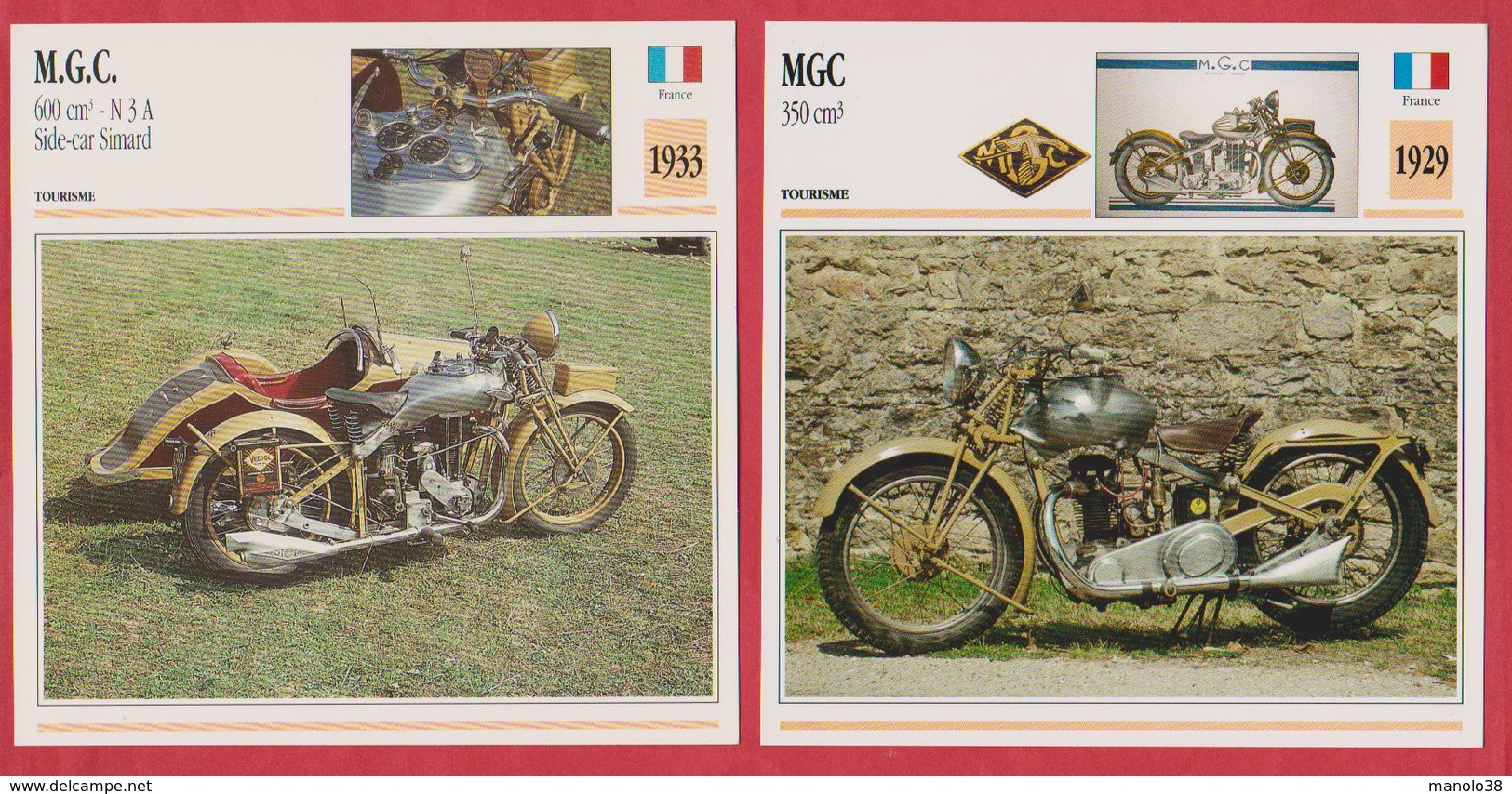 Moto MGC, 2 Fiches Illustrées De Ces Motos Françaises, Une 350 Cm3 De 1929, Une 600 Cm3 N3A Side Car Simard De 1933. - Sports