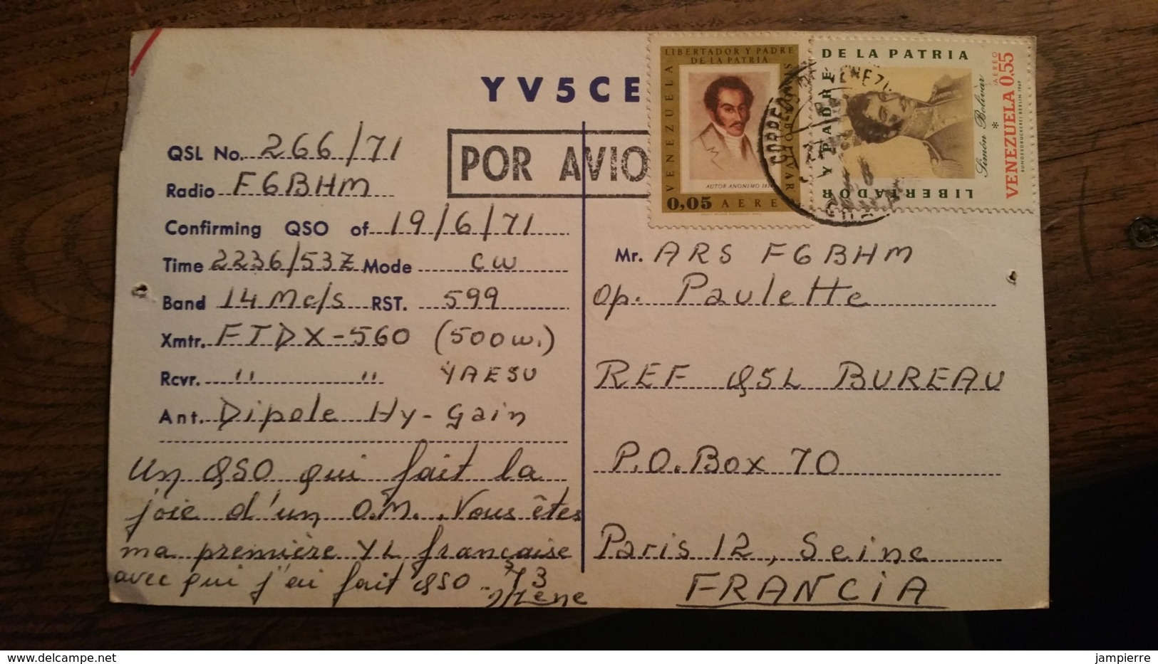 Carte QSL - YV5CEP - Caracas, Venezuela - Timbres - Amateurfunk