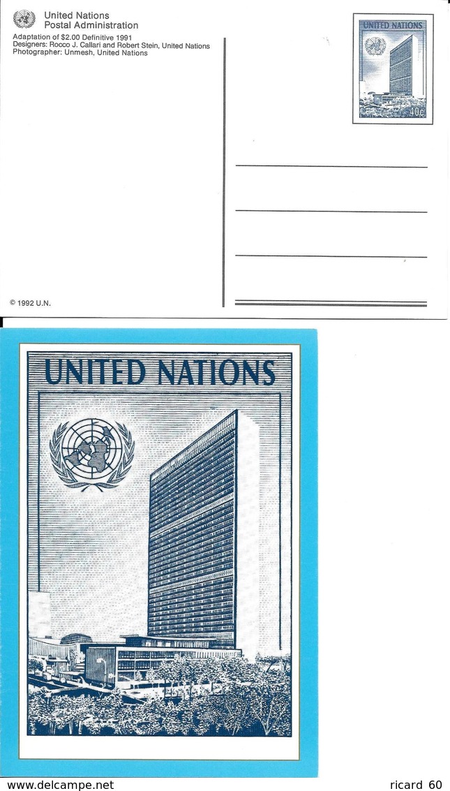 Onu, United Nations, Nations Unies,new York, Entier Postal 1992, Carte Postale Neuve, Reproduction Timbre De 1991 - Briefe U. Dokumente