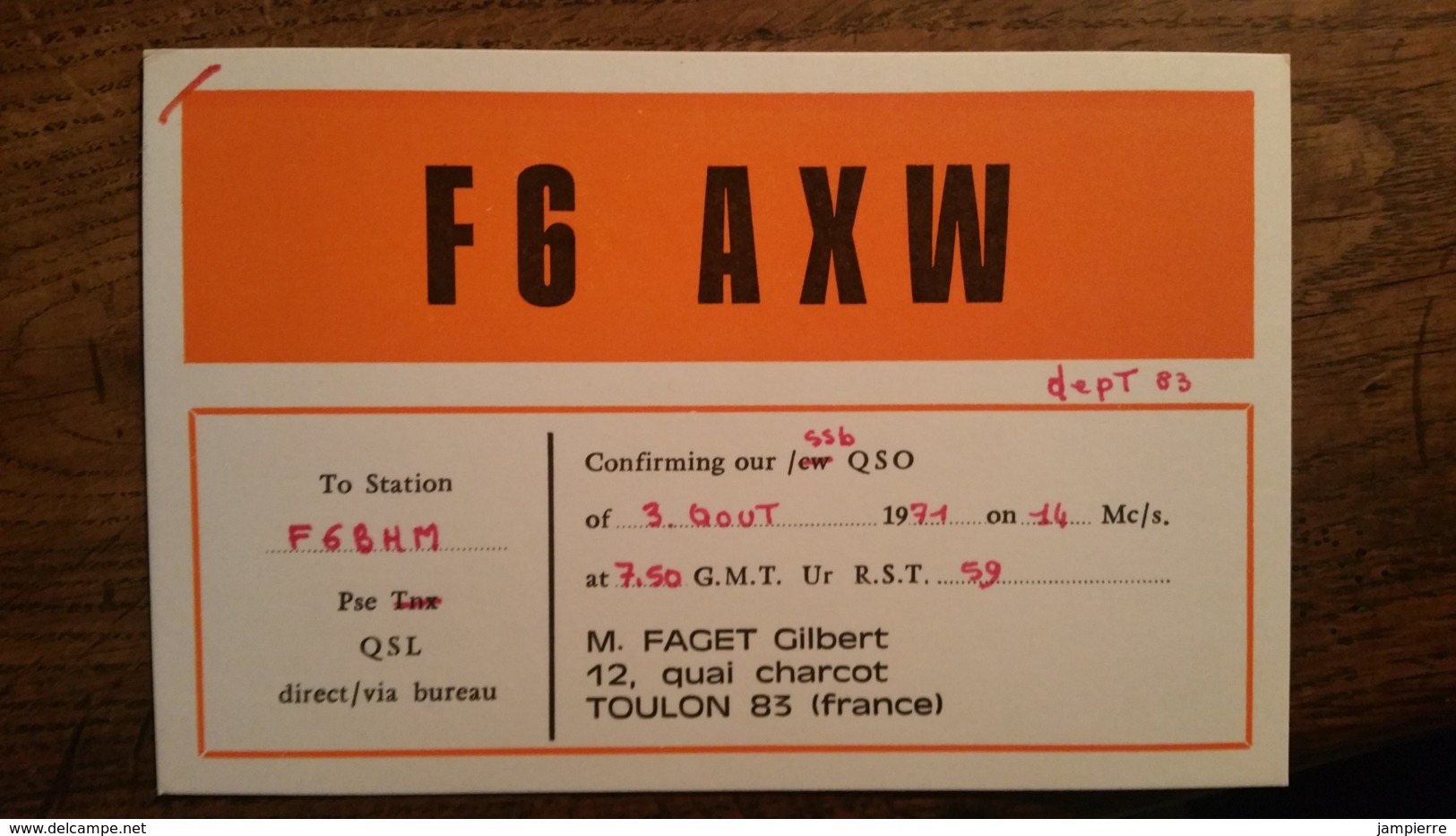 Carte QSL - F6AXW - Toulon (83) - Radio Amatoriale