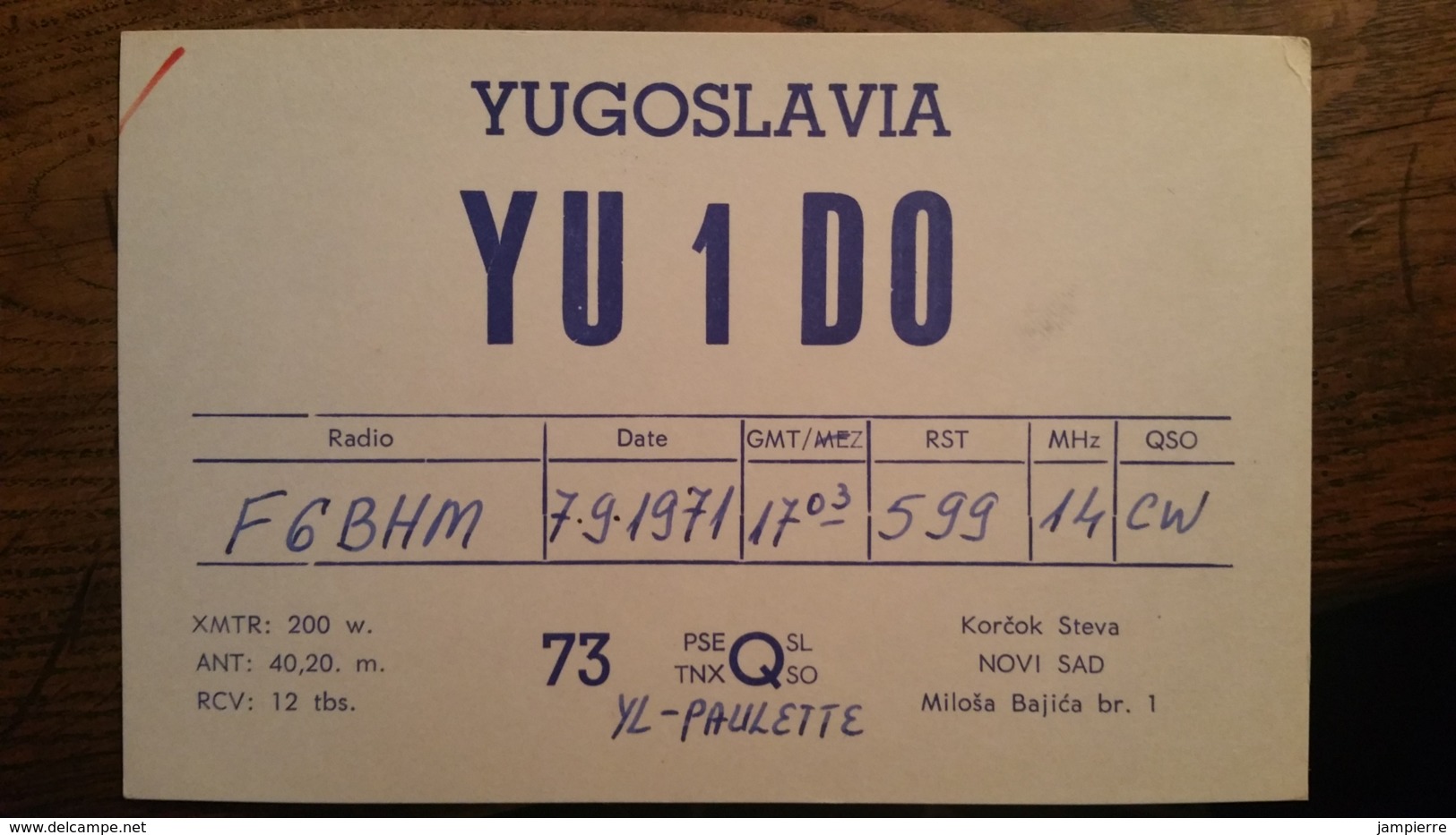 Carte QSL - YU1DO - Yugoslavia - Novi Sad - Amateurfunk