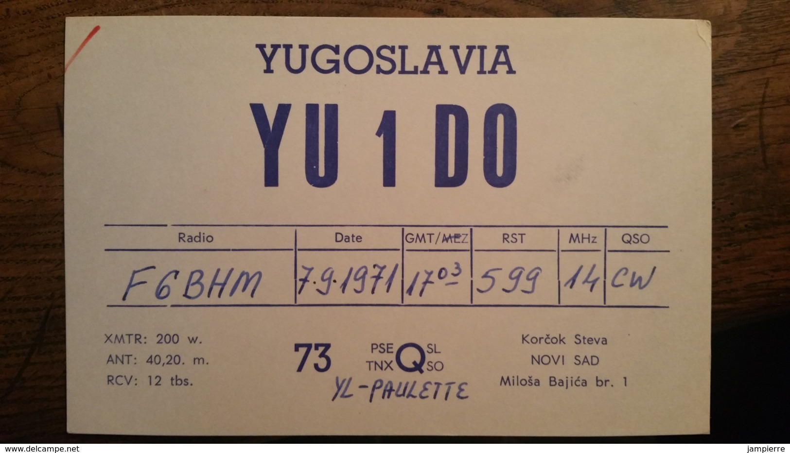 Carte QSL - YU1DO - Yugoslavia - Novi Sad - Radio-amateur