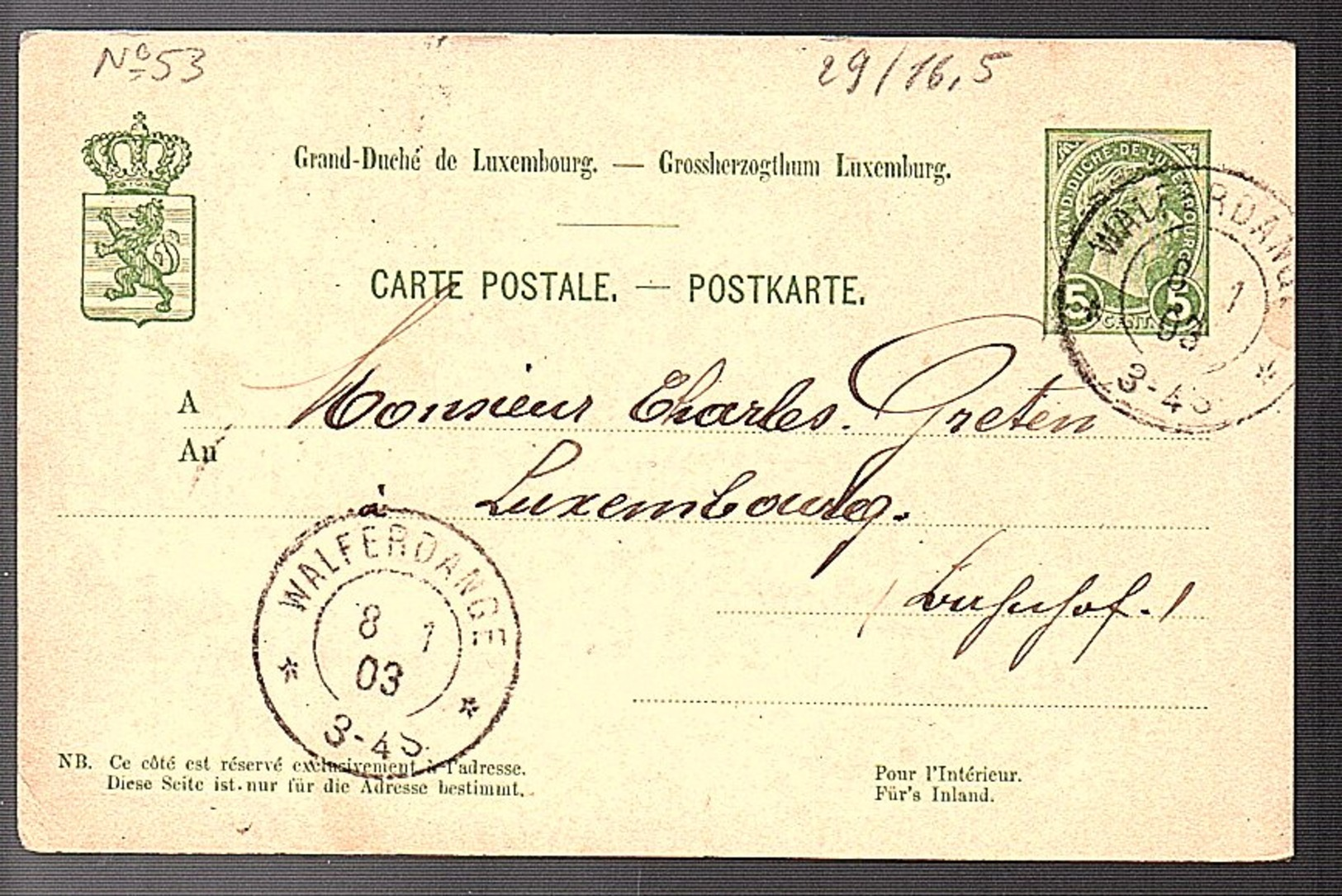 1903 WALFERDANGE > Charles Greten (273) - Interi Postali