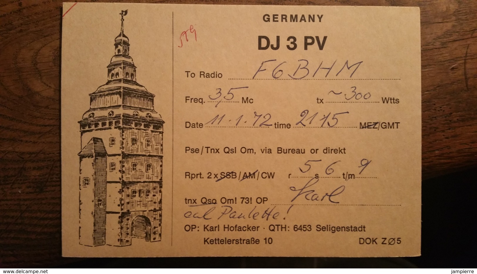 Carte QSL - DJ3PV - Germany (Allemagne) - Seligenstadt - Belle Illustration - Amateurfunk