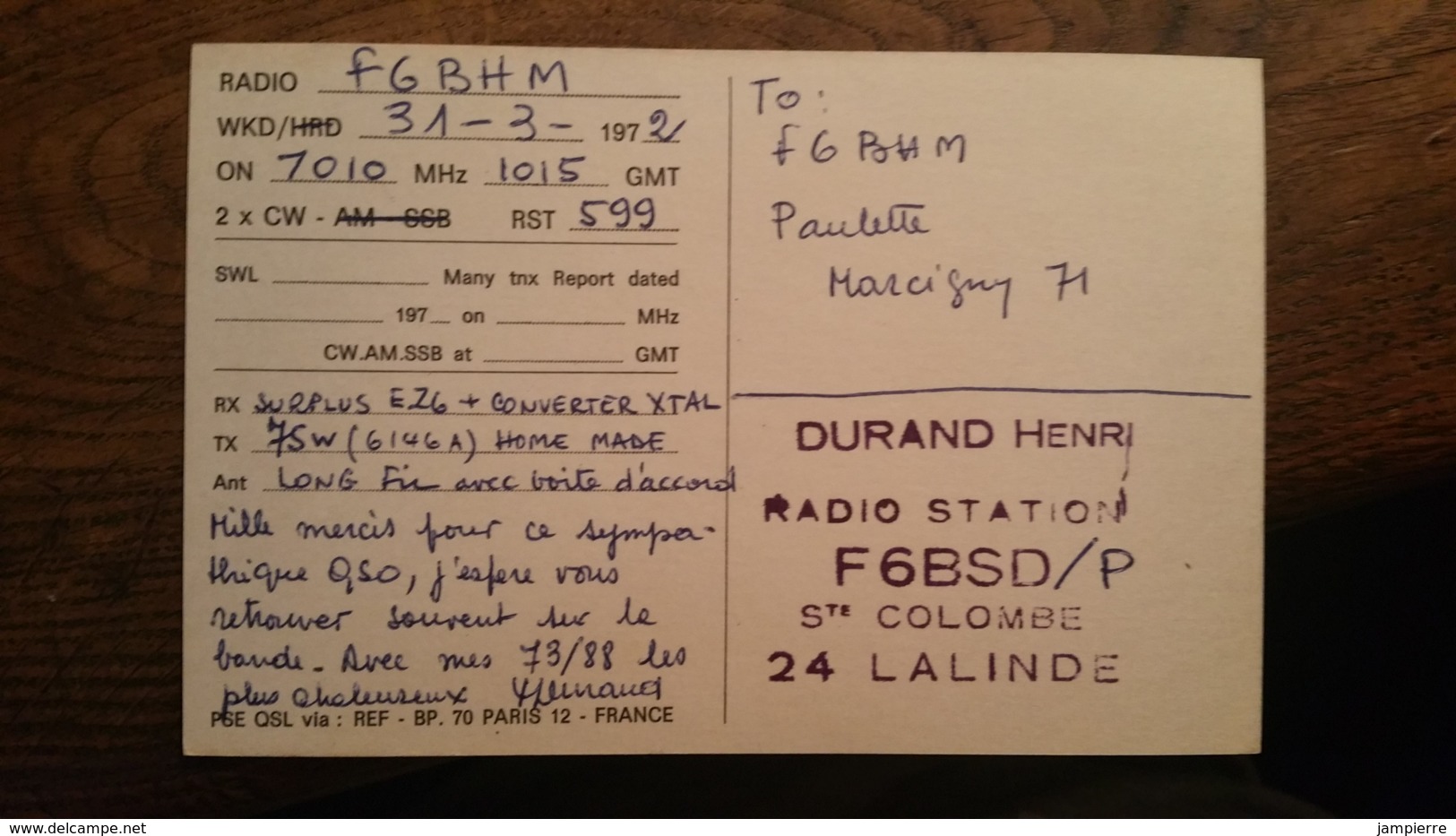 Carte QSL - F6BSD/P - St Colombe - 24 Lalinde - Radio Amateur