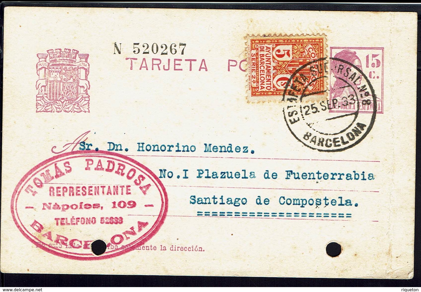 ESPAGNE - 1933 - Entier Postal 15 Ct. + 5 Ct. De Barcelona Vers Santiago De Compostela - - 1931-....