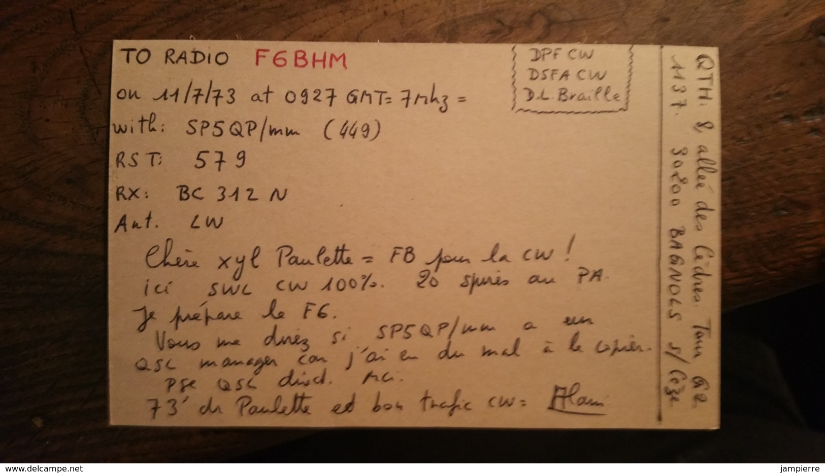 Carte QSL - FEI633 - For Universal Fraternity - Bagnols (30) - Radio Amateur