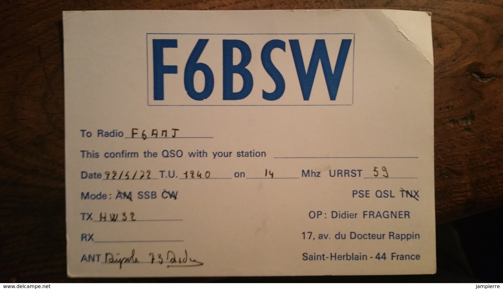 Carte QSL - F6BSW - Saint-Herblain (44) - Radio Amateur