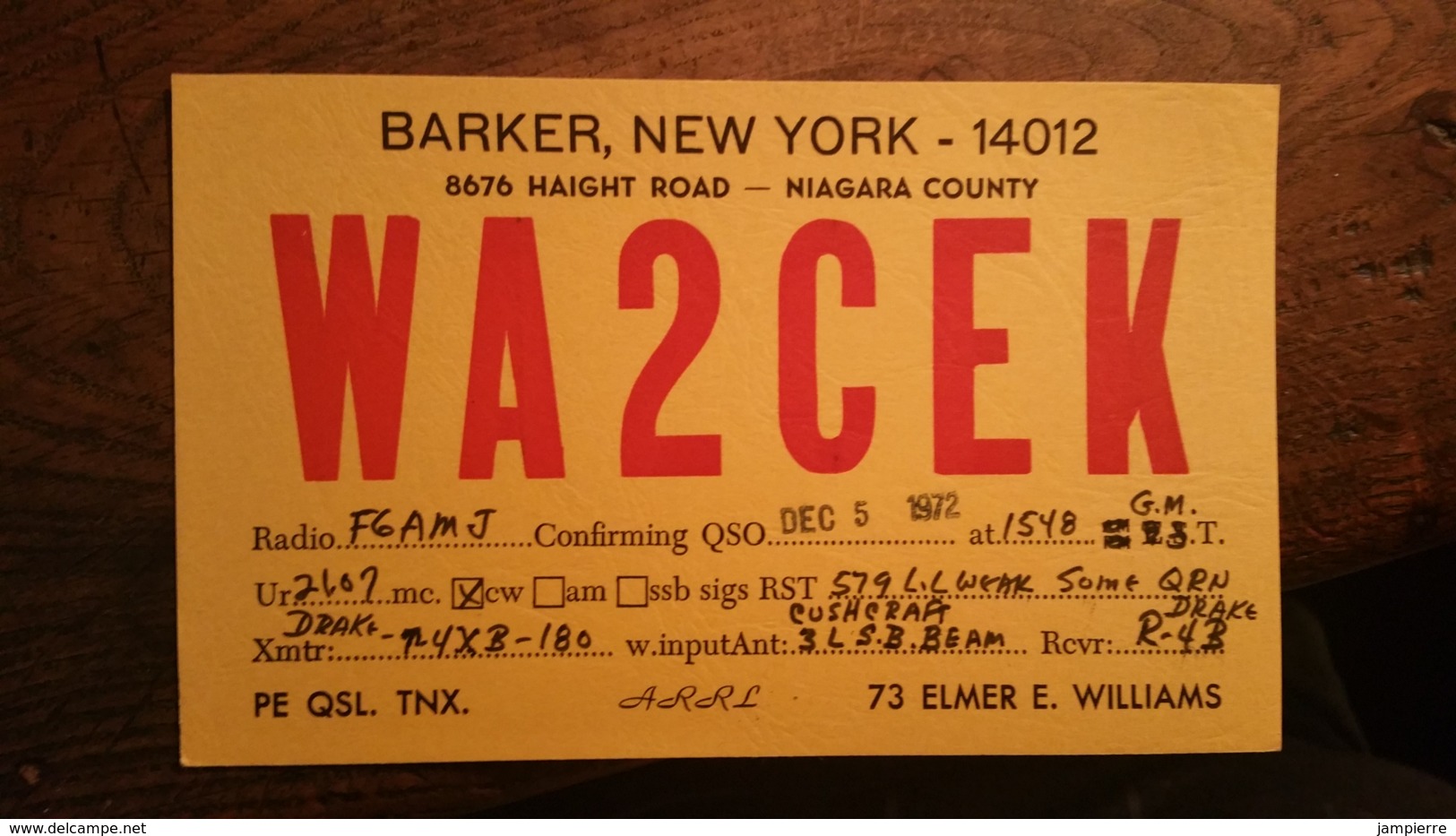 Carte QSL - WA2CEK - Niagara County (USA) - Barker, New York - Radio Amatoriale