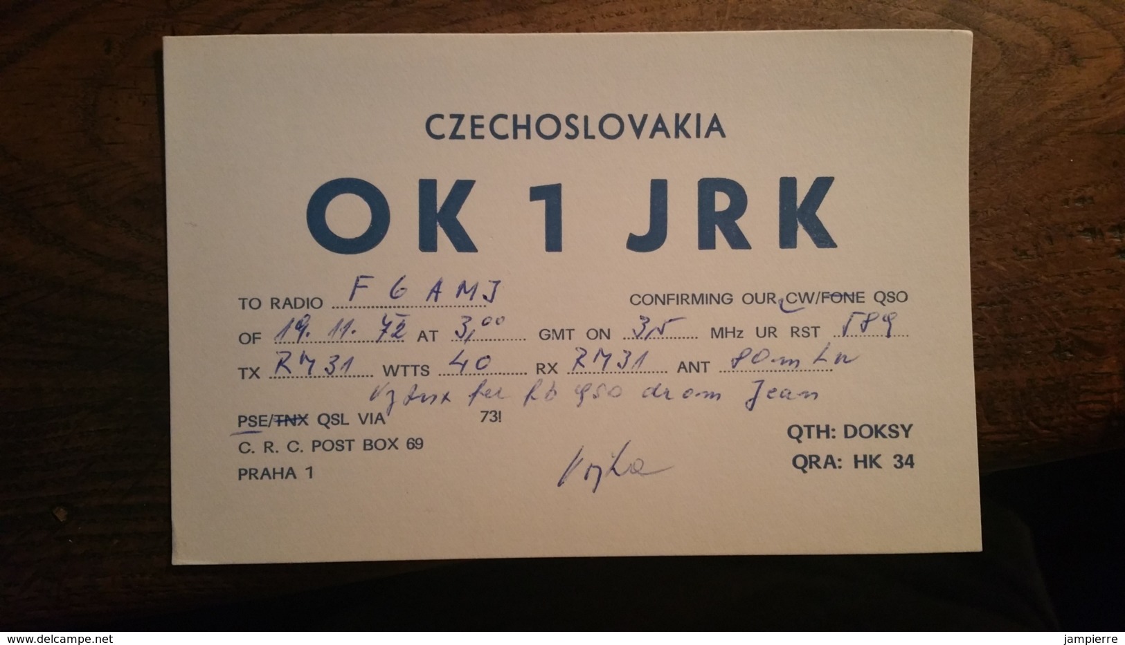 Carte QSL - OK1JRK - Czechoslovakia - Praha (Prague) - Radio Amateur