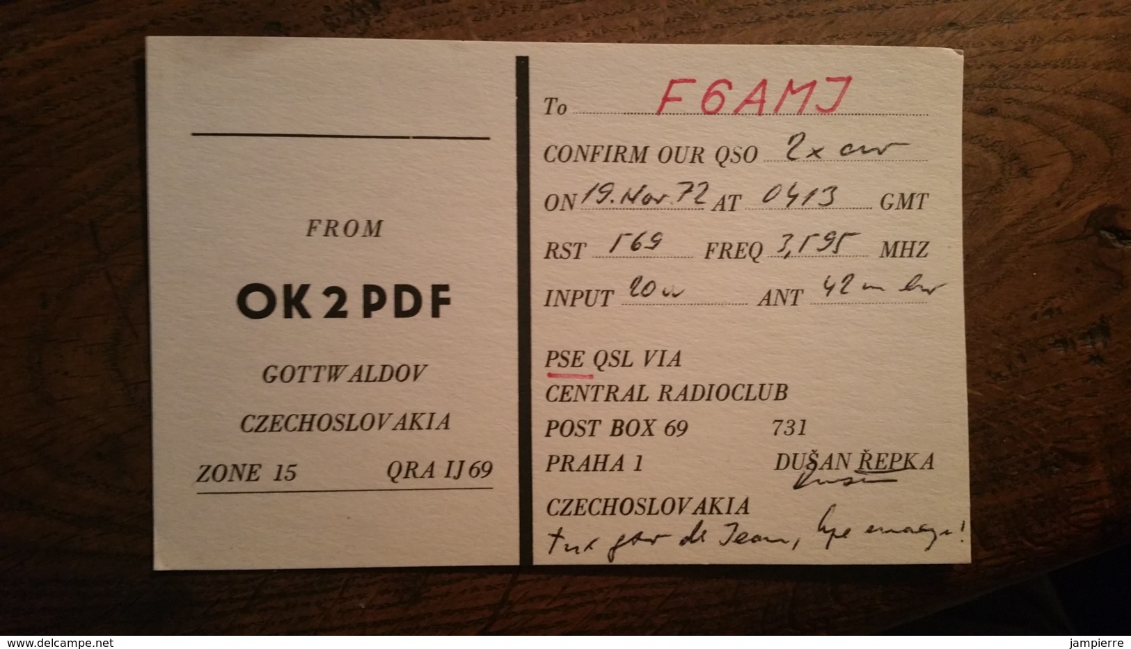 Carte QSL - OK2PDF - Czechoslovakia - Gottw Aldov - Amateurfunk