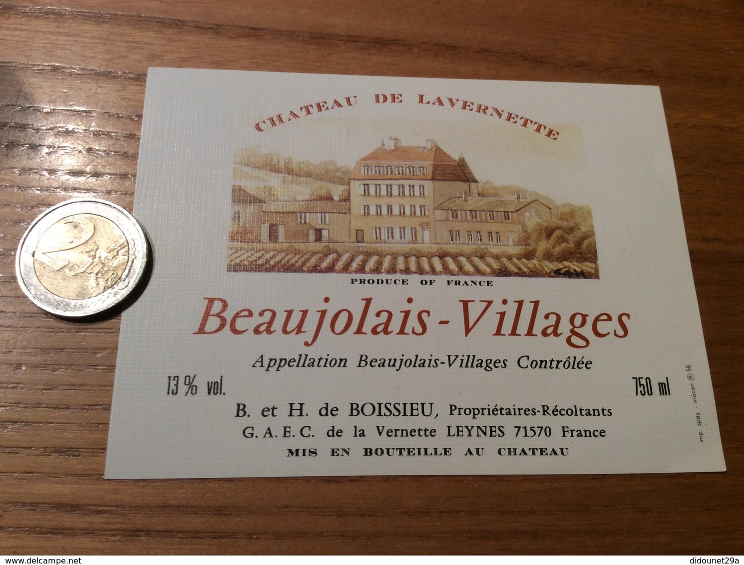 Etiquette Vin «BEAUJOLAIS VILLAGES - CHATEAU DE LAVERNETTE - B Et H De BOISSIEU - LEYNES (71)» - Beaujolais