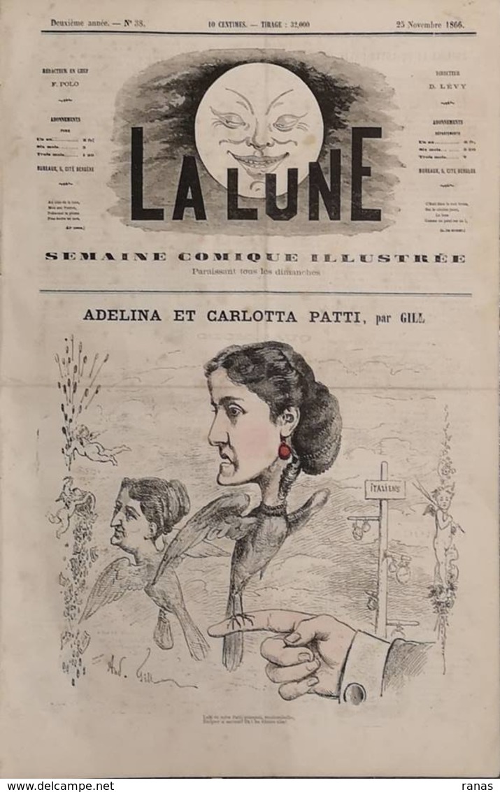 Revue Journal La Lune Satirique Caricature Par Gill N° 38 De 1866 Adelina Et Carlotta Patti - 1850 - 1899