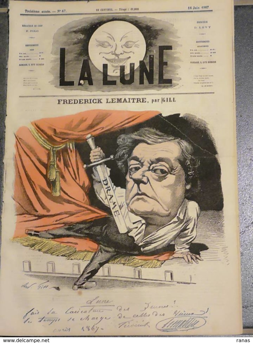 Revue Journal La Lune Satirique Caricature Par Gill N° 67 De 1867 Frédéric LEMAITRE - 1850 - 1899