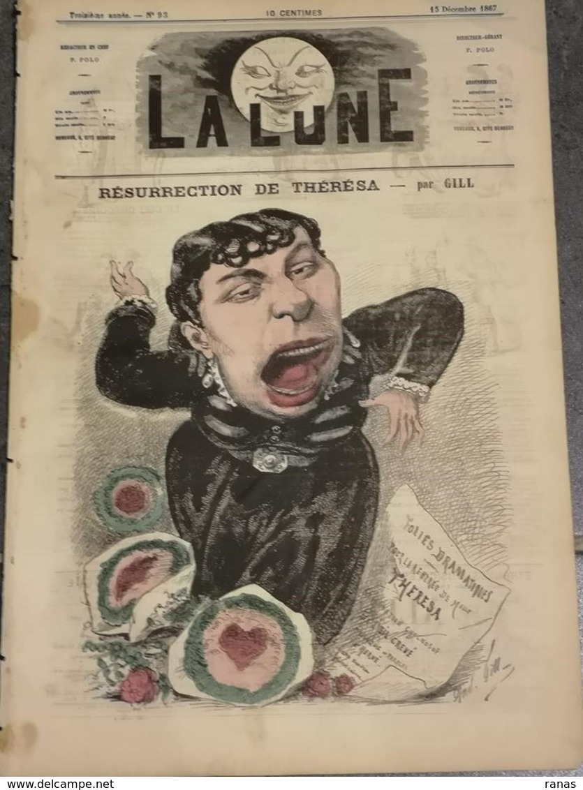 Revue Journal La Lune Satirique Caricature Par Gill N° 93 De 1867 Thérésa - 1850 - 1899