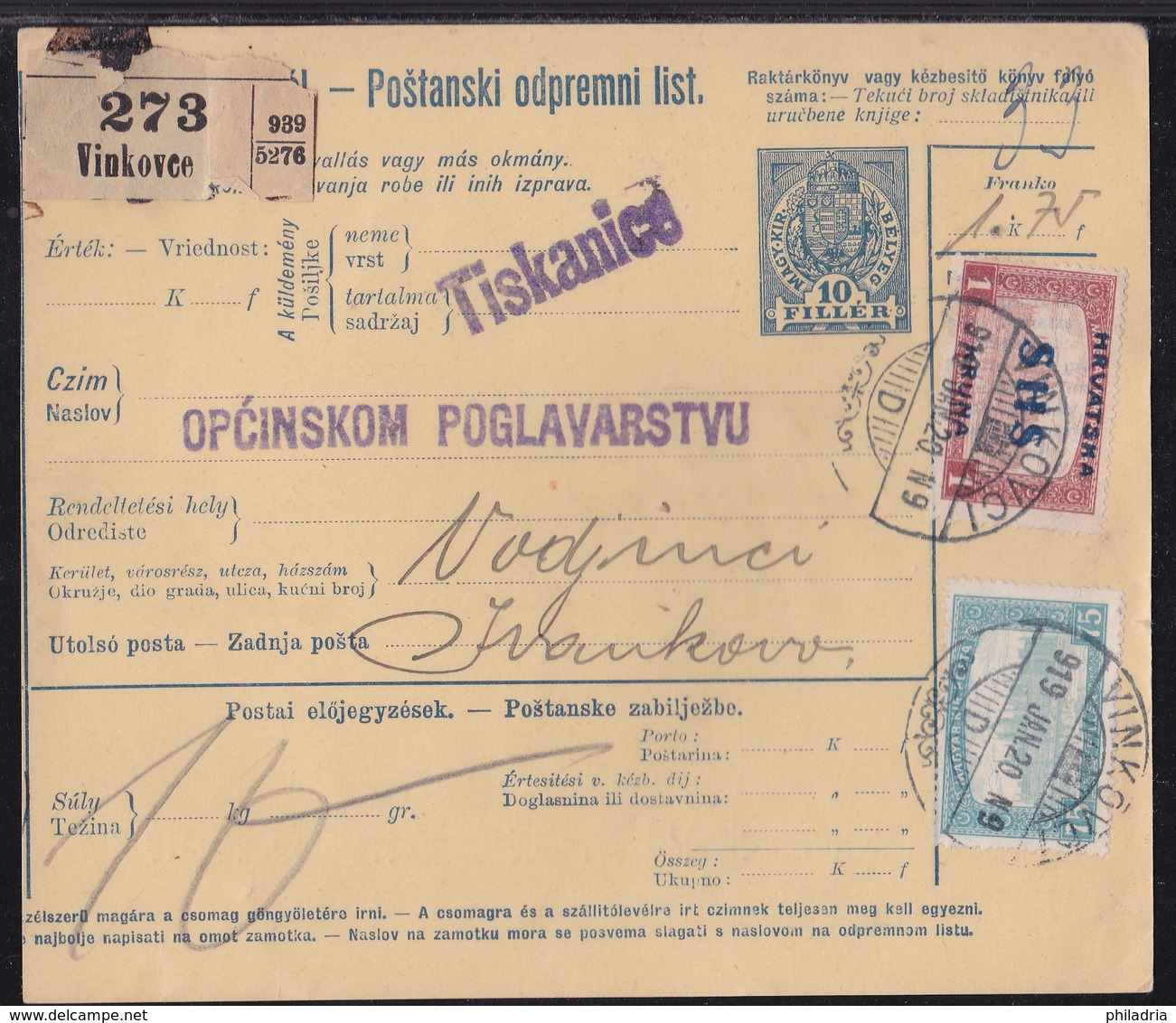 Croatia SHS, Parcel Card, Mixed Franking, Vinkovci, Januar 1919 - Cartas & Documentos