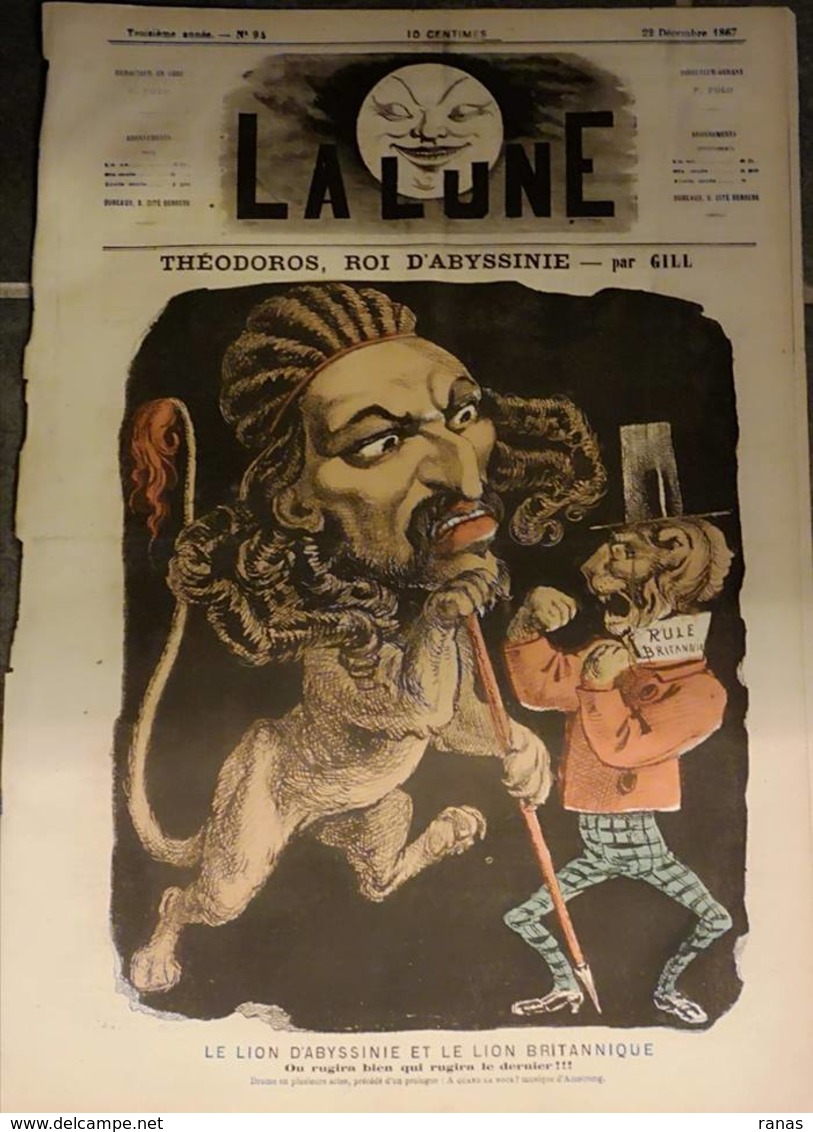 Revue Journal La Lune Satirique Caricature Par Gill N° 94 De 1867 Théodoros Roi D'Abyssinie - 1850 - 1899