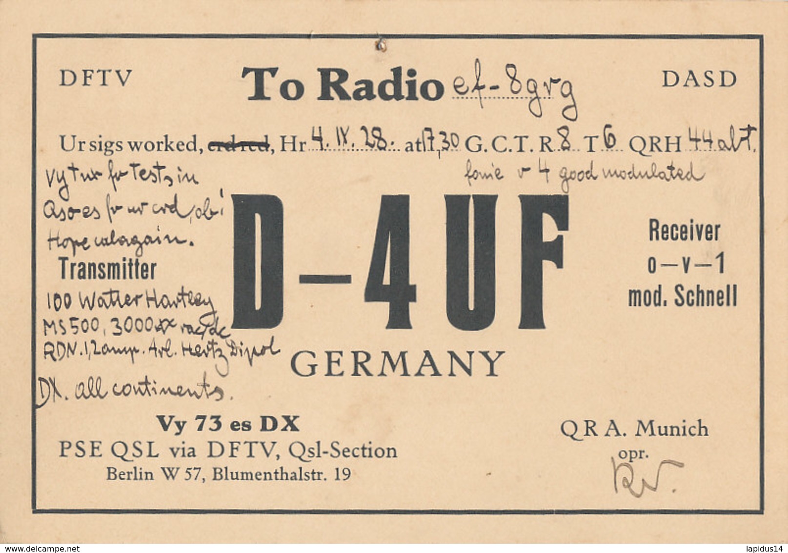 R 225 / CARTE RADIO AMATEUR  GERMANY D - 4 U F - Radio Amateur