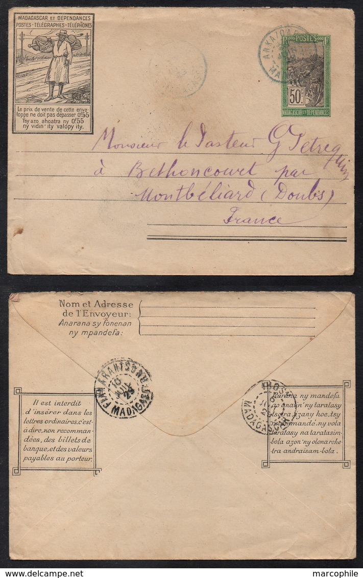 MADAGASCAR - ANKAZOABO / 1929 ENTIER POSTAL VIA IHOSY & FIANARANTSOA POUR MONTBELIARD (ref 7940) - Lettres & Documents