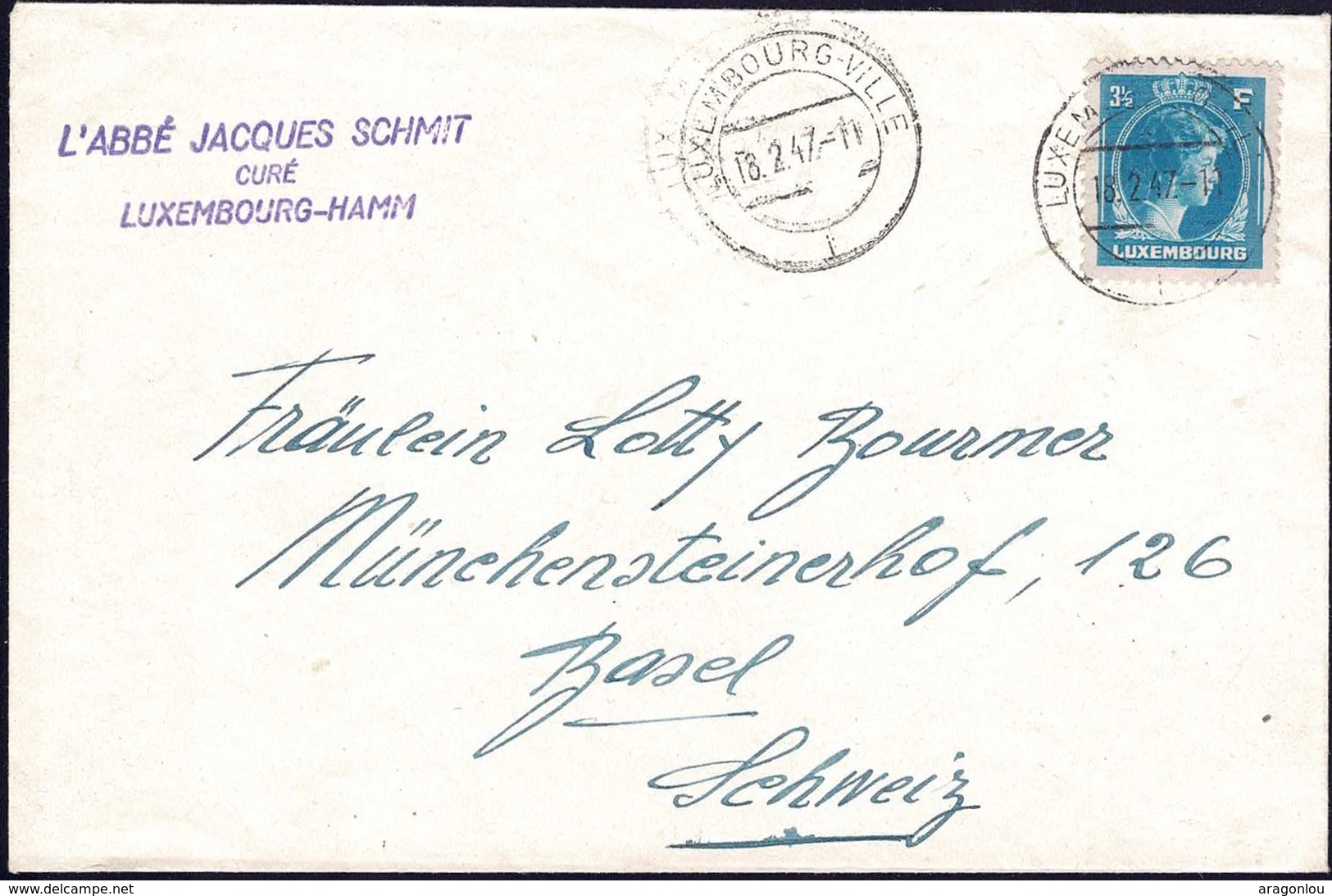 1947 Lettre Luxembourg Vers Basel, L'Abbé Jacques Schmit Curé Luxembourg-Hamm, Michel: 366  3 1/2F - Lettres & Documents