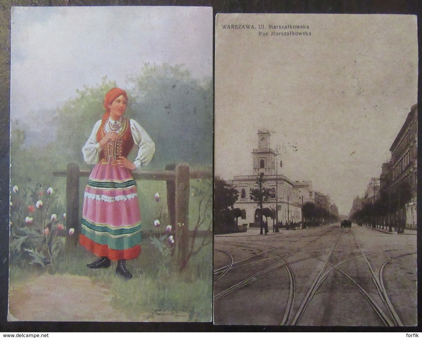 Pologne Vers France - 2 Cartes Postales Dont Varsovie, Rue Marszalkowska Et Illustrateur, Femme En Costume - 1921 / 1922 - Pologne