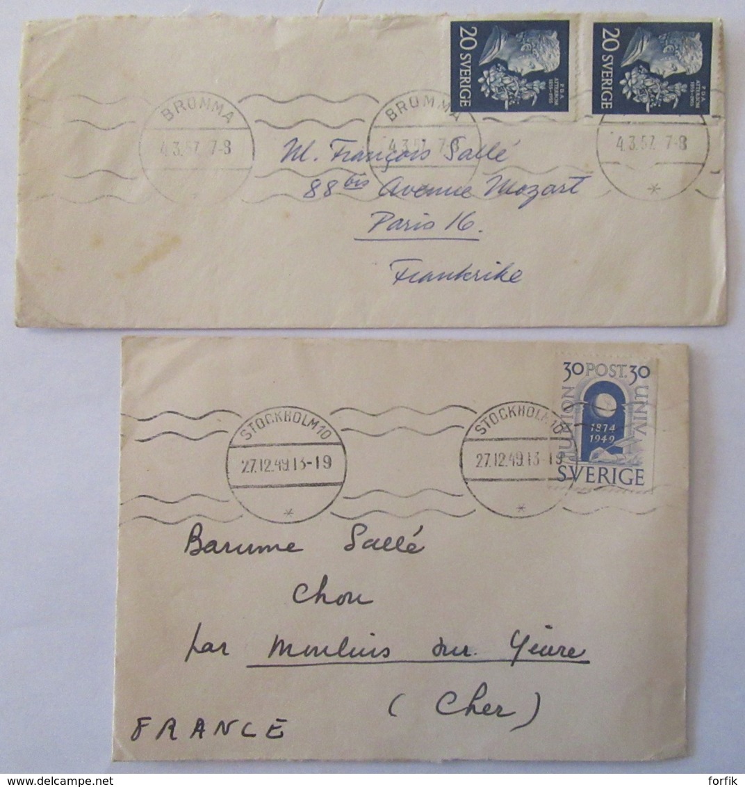 Suède Vers France - 2 Enveloppes (1949 / 1957) Avec Timbres UPU Michel 353 C Et 411 C - Altri & Non Classificati