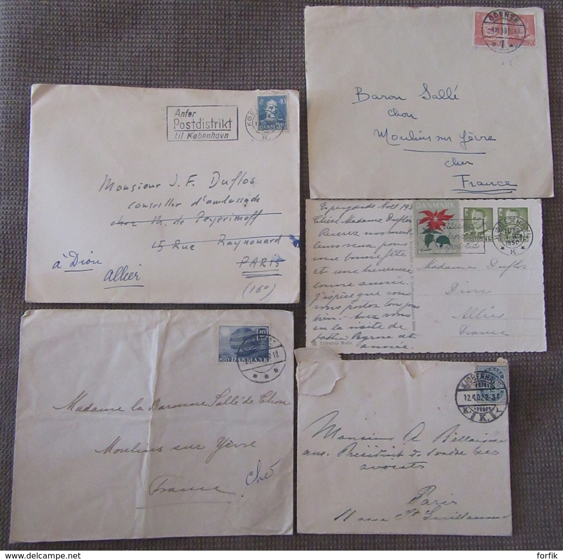 Danemark Vers France - 4 Enveloppes + 1 Carte Postale Avec Timbres YT N°37, 288, 315, 317, 335 (UPU), 1902 à 1950 - Collections