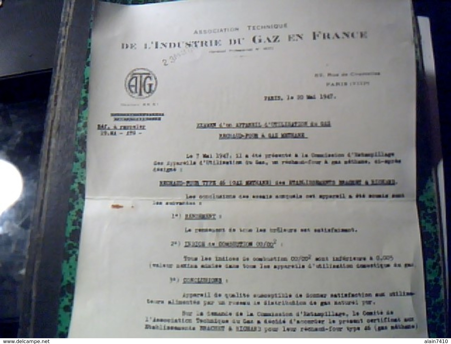 Facture Lettre ASSOCIATION TECHNIQUE DE L  INDUSTRIE DU  GAZ EN FRANCE A Paris Annee 1947 - Elektriciteit En Gas