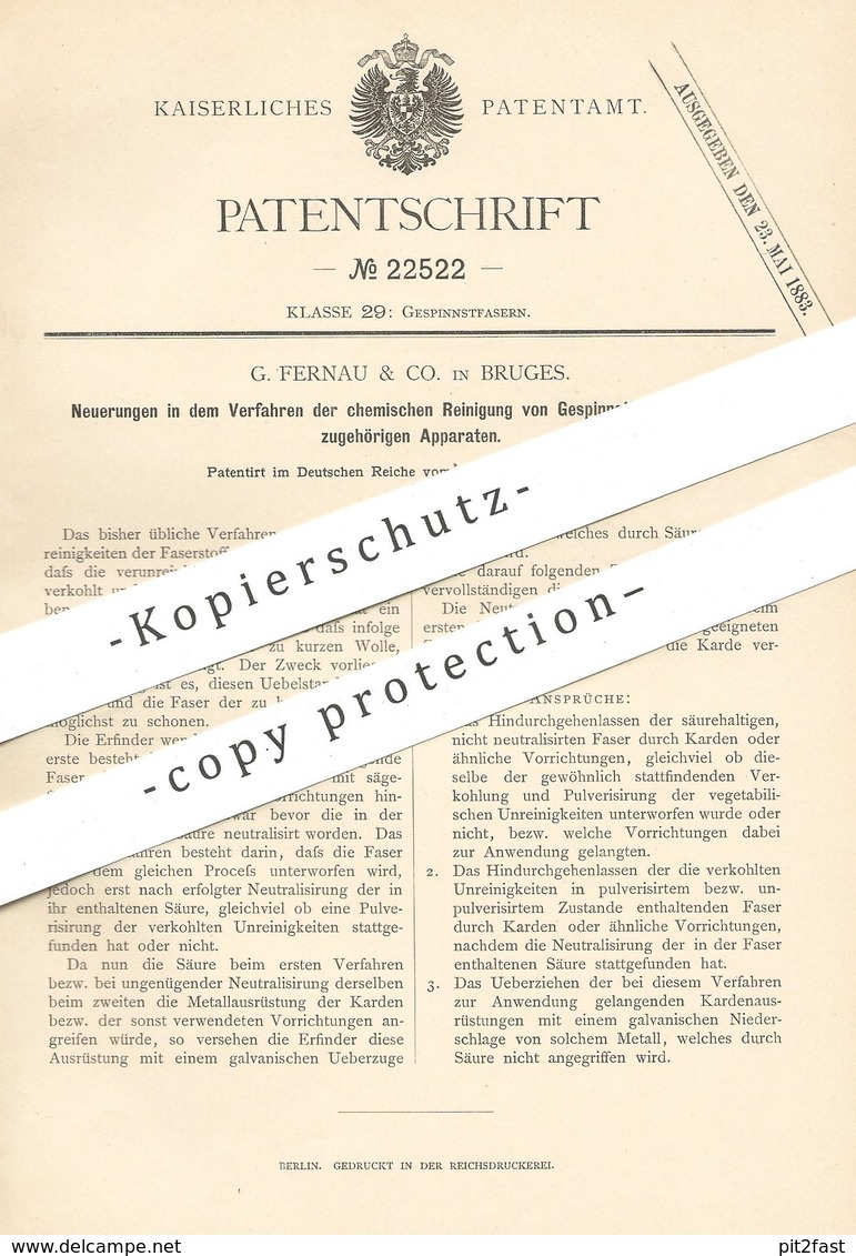 Original Patent - G. Fernau & Co. , Bruges , 1882 , Chemische Reinigung Von Gespinnstfaser | Faser , Garn , Wolle !!! - Documenti Storici