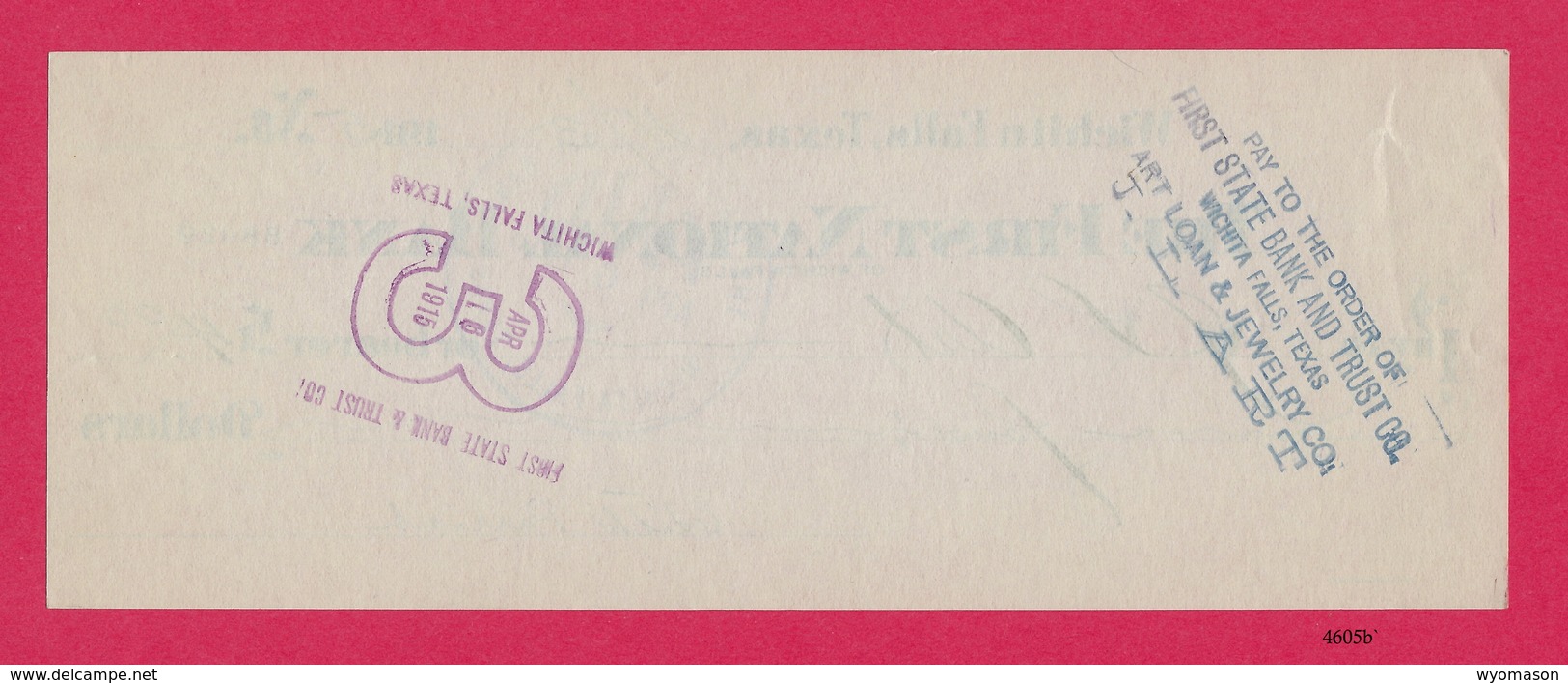 The First National Bank, Wichita Falls, Texas, 1915 Check [#4605] - Chèques & Chèques De Voyage