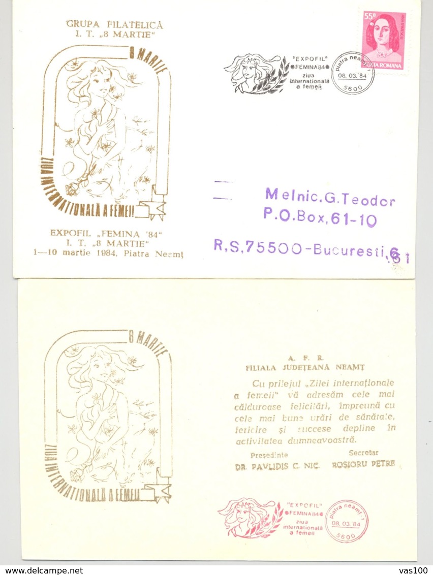 INTERNATIONAL WOMEN'S DAY, MARCH 8, SPECIAL COVER AND POSTCARD, 1984, ROMANIA - Covers & Documents