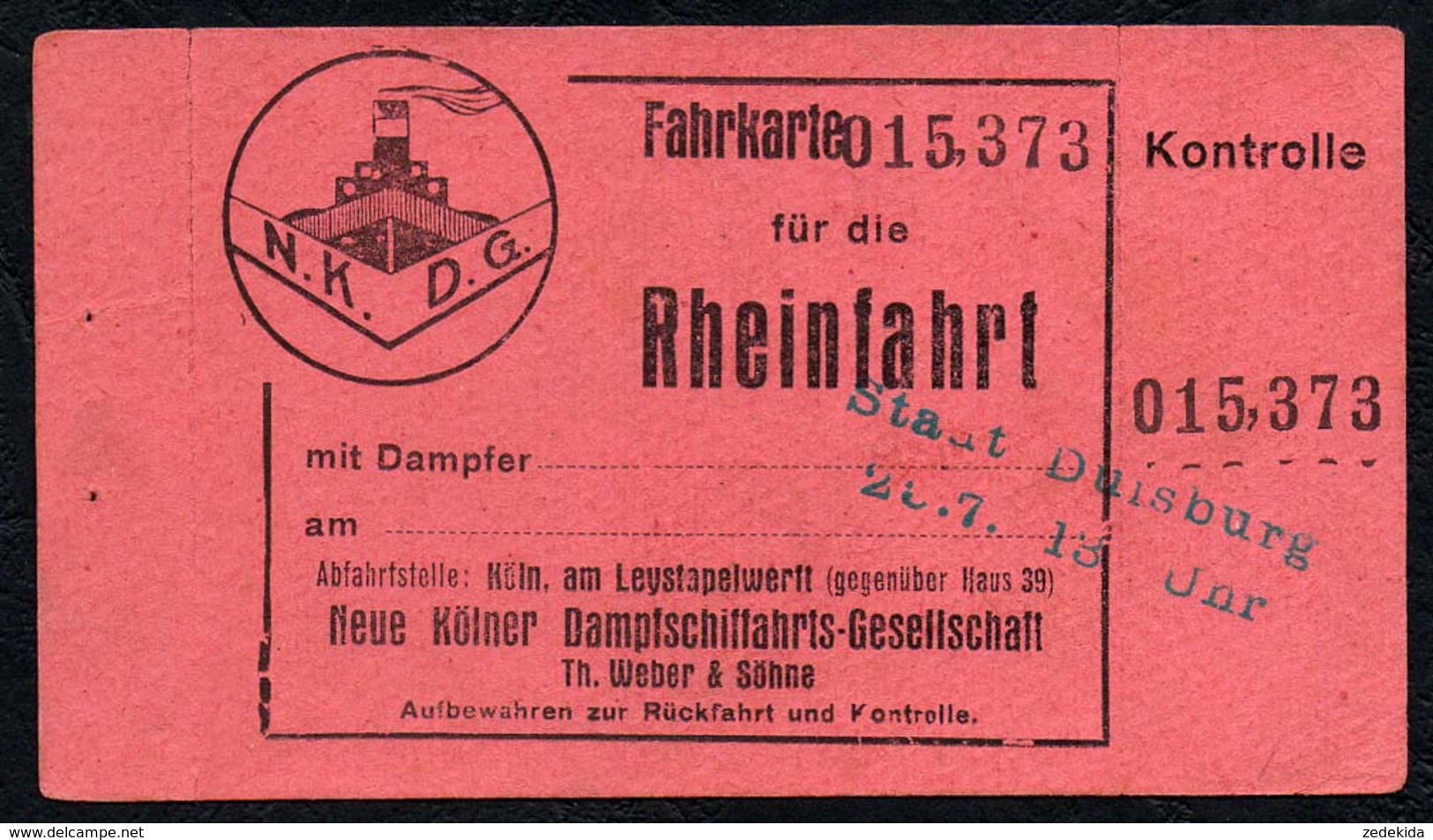 C0283 - Dampfer Fahrkarte Fahrschein - Rheinfahrt Neue Kölner Dampfschifffahrts Gesellschaft Weber & Söhne - Altri & Non Classificati