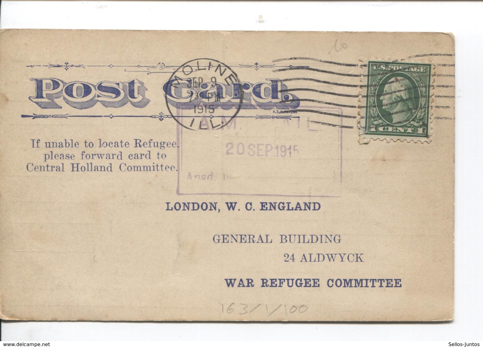 JS683/ CP US C.Moline 1915 Illinois To London War Refugee Committee Missing Relatives Brother - Otros & Sin Clasificación