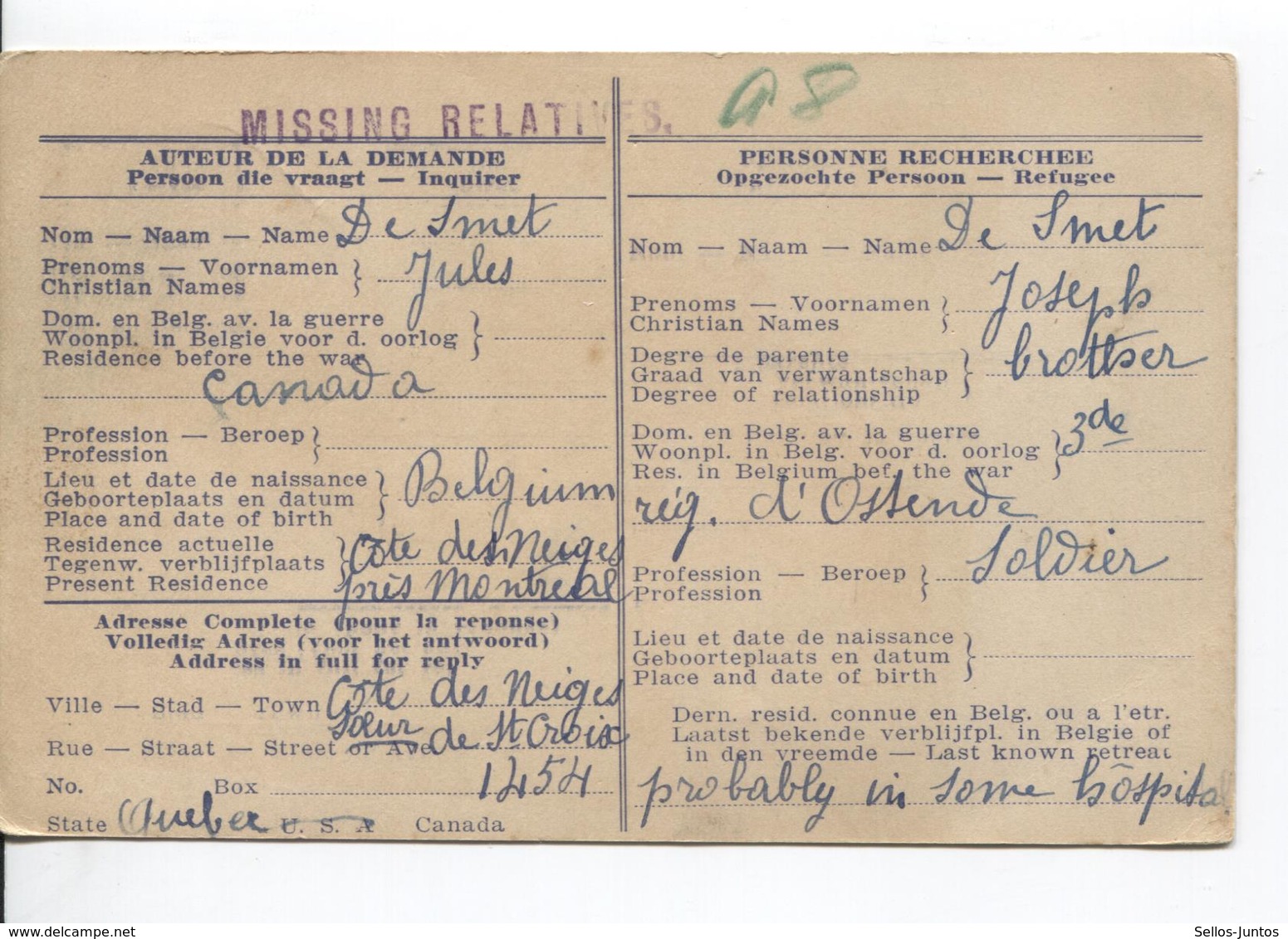 JS683/ CP US C.Moline 1915 Illinois To London War Refugee Committee Missing Relatives Brother - Otros & Sin Clasificación